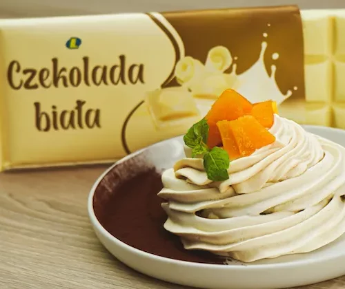 Beza z kremem z palonej białej czekolady i brzoskwiniami