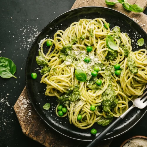 Makaron z domowym pesto i zielonym groszkiem