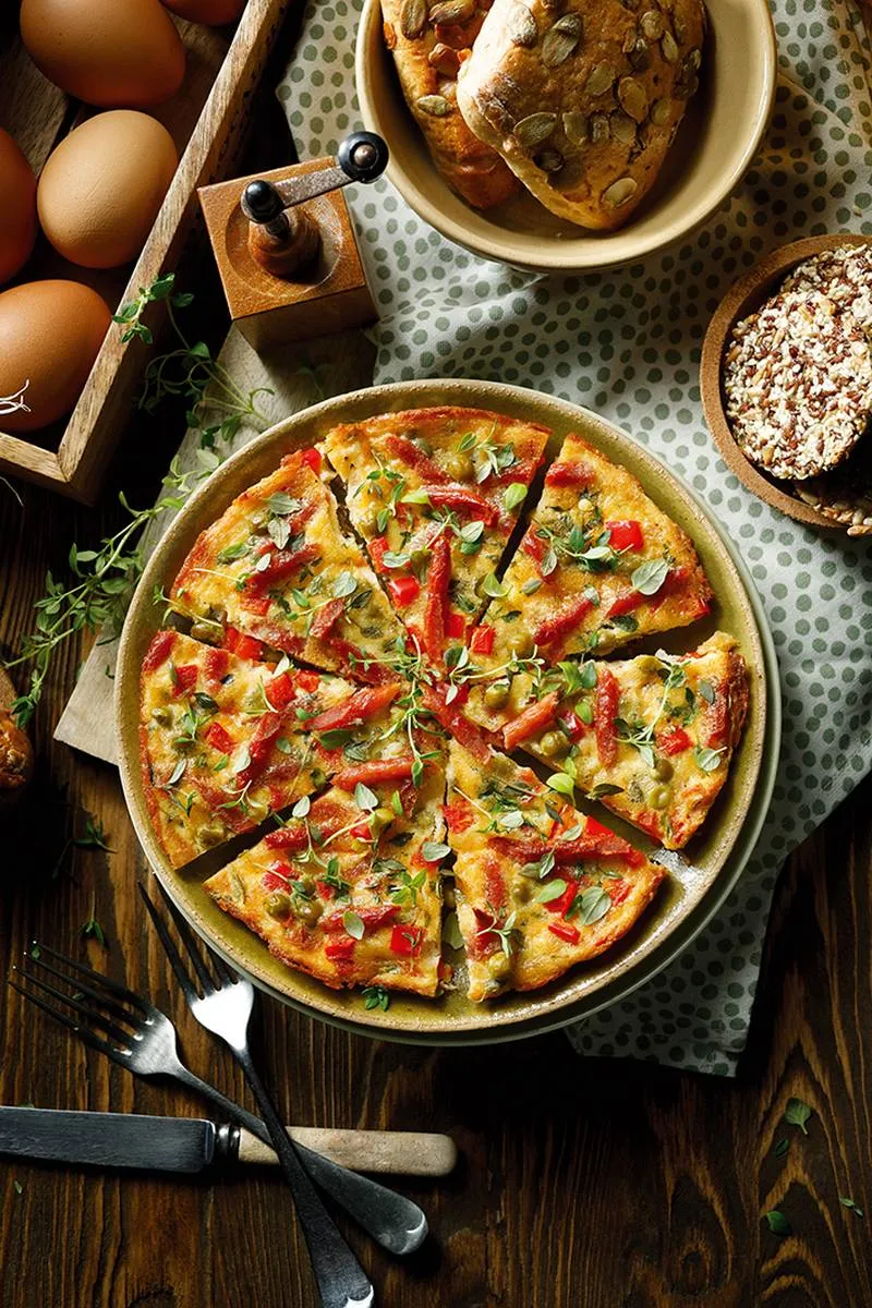 Omlet z kabanosami, groszkiem i tymiankiem